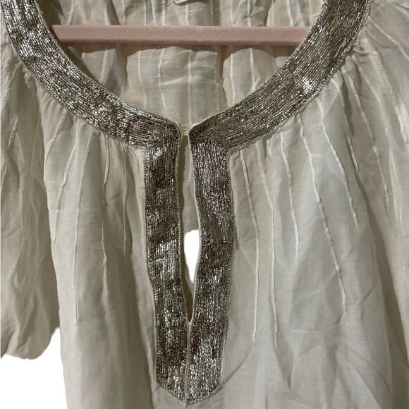 120% Lino Cotton Silk Blend White Embellished Silver Cover Up - Picture 7 of 8